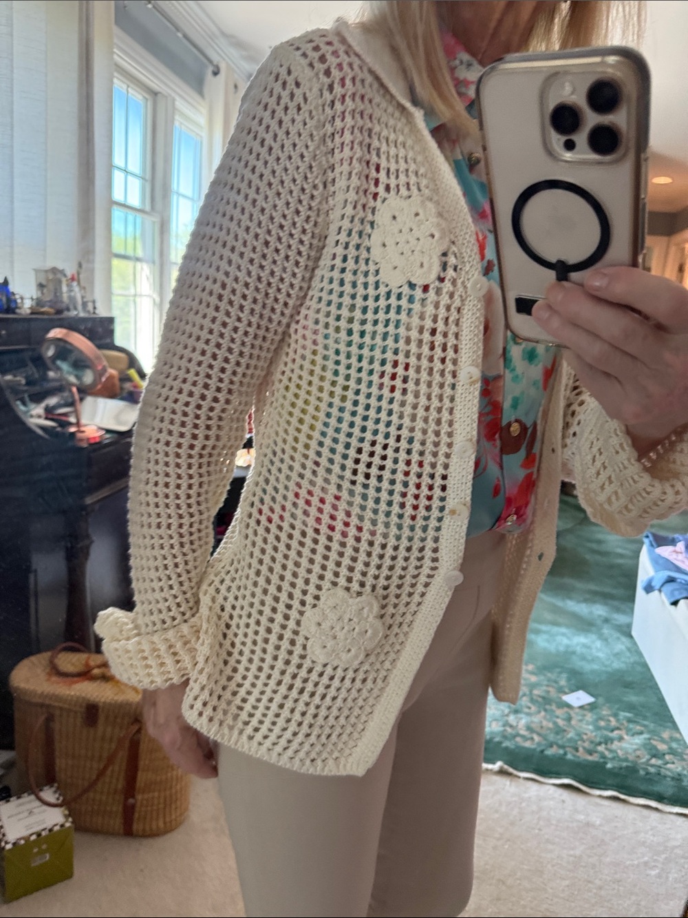 Idem ditto LA Cream Crochet Open-Knit Cardigan Sweater - Women small Cotton